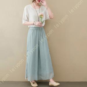 ワイドパンツ レディース 春 夏 ガウチョパンツ ロング丈 綿麻混 体型カバー おしゃれ ゆったり カジュアル ナチュラル 2枚重ね 裏地あり 体型カバー 着痩せ
