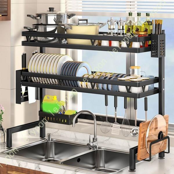 シンク上 水切りラック ステンレス製 食器 水切りかご 茶碗 皿 箸立て 包丁立て まな板立て付き ...