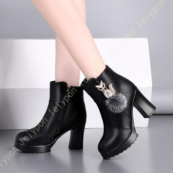 10cm 厚底 ショートブーツ ブーティ 太ヒール ビジュー付き サイドジッパー アンクルブーツ レ...