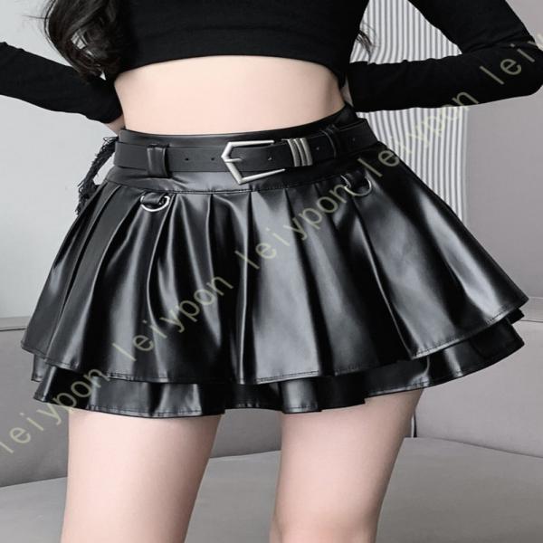 スカート ハイウエスト PUレザー 不規則 光沢感 黒 秋冬 タイトスカート ミニスカート フェイク...