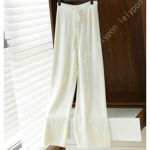 リブニットワイドパンツ ワイドパンツ レディース 秋冬 ストレッチ ウェストゴム プリーツパンツ カ...