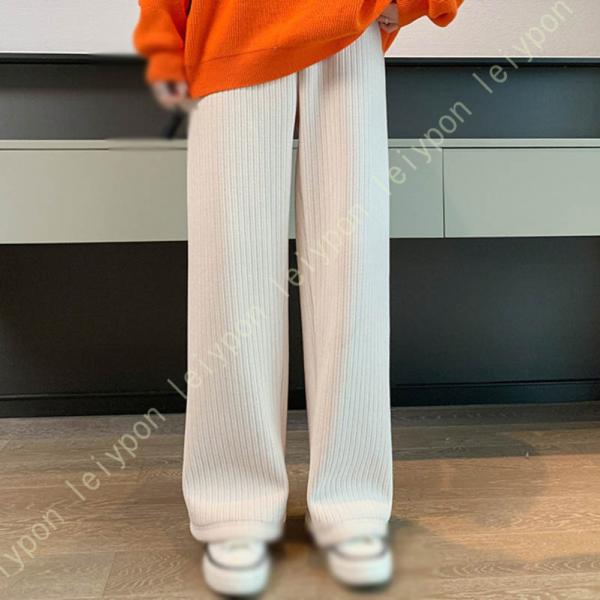 ワイドパンツ レディース 秋冬 ロングパンツ ニットパンツ ウエストゴム 体型カバー あたたかい 柔...