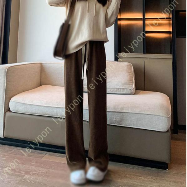 ワイドパンツ レディース 秋冬 黒 ロンパンツ ハイウエスト ボトムス 厚手 ニットパンツ カジュア...