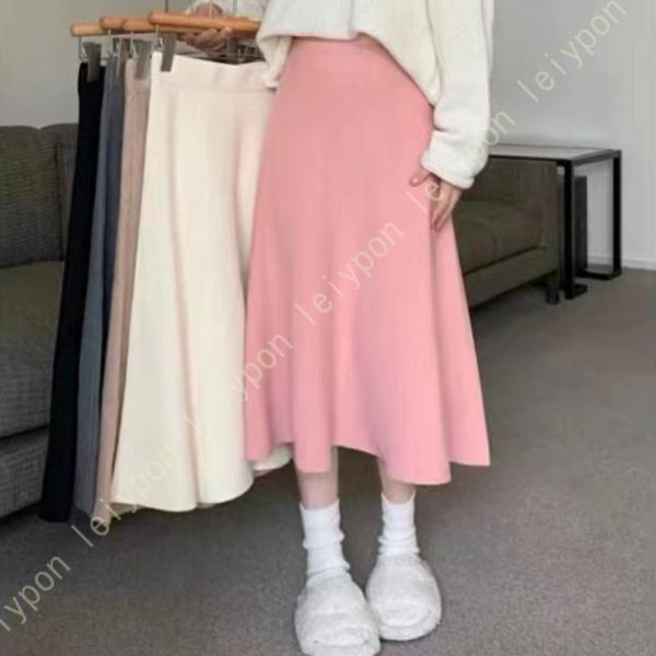 ニットスカート レディース 秋 冬 Aライン ウエストゴム リブニットスカート ストレッチ 伸縮性 ...