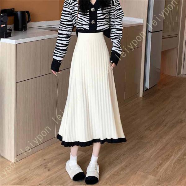 ニット プリーツスカート レディース 秋 冬 ストレッチ 伸縮性 Aライン ウエストゴム 暖かい ニ...