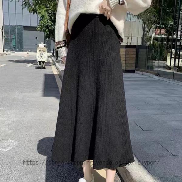 ニットフレアスカート レディース 秋冬 伸縮性 ミモレ丈 ウエストゴム シンプル 女性らしい 暖かい...