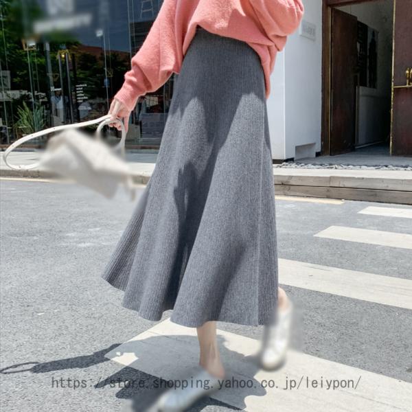 ニット プリーツスカート レディース 秋冬 厚手 Aライン ウエストゴム きれいめ ニットスカート ...