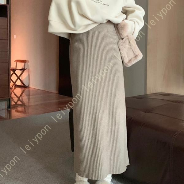 ニットスカート ミドル丈 ウエスト ゴム ボトムス シンプル キレイメ ニット ロング 丈 スカート...
