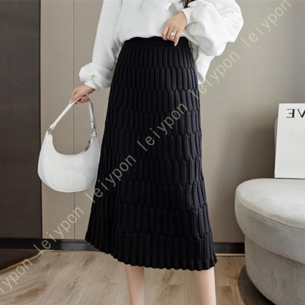 スカート レディース ストレッチ 厚手 暖かい ミモレスカート ロングスカート お洒落 ニットプリー...