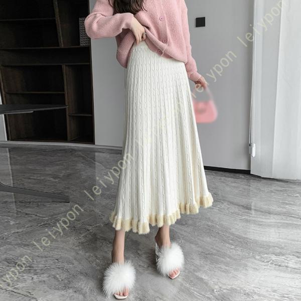 ニットスカート レディース ストライプニット ウエストゴム ハイウエスト 厚手 フレアスカート 秋 ...