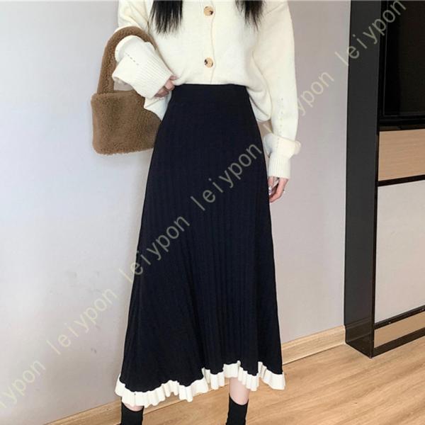 ニットスカート レディース プリーツニットスカート 春秋冬 ウエストゴム ゆったり 普段使い 毛玉に...