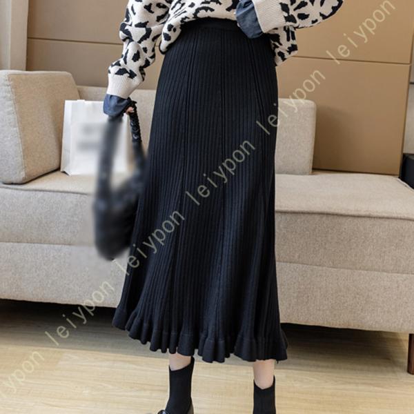 ニット フレアスカート レディース エレガント 縦ライン リブ編み 細リブ風 ニット 上品 カジュア...
