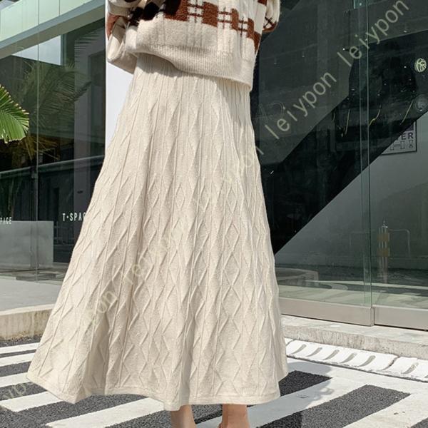 フレアスカート 秋 冬 暖かい ニットスカート レディース ストレッチ 防寒 ウエストゴム 細見え ...