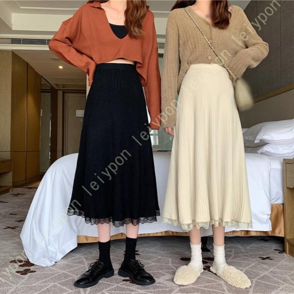 ニットスカート ハイウエスト 秋 冬 シンプル 柔らかい きれいめ ゴムウエスト レディース 滑らか...