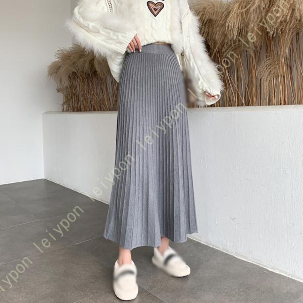 ニット ロングスカート プリーツ ゴム ウエスト 春秋冬 きれいめ レディース フレアスカート 可愛...