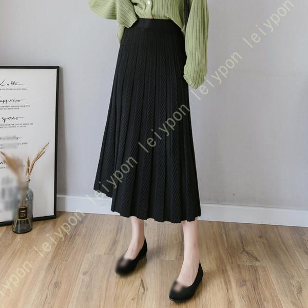 ニットスカート レディース プリーツ フレア 秋 冬 ハイウエスト 暖かい ストレッチ 女らしい シ...