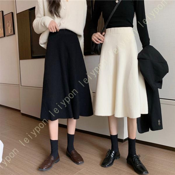 フレアスカート 暖かい ニットスカート レディース ストレッチ 秋 冬 防寒 ウエストゴム 細見え ...