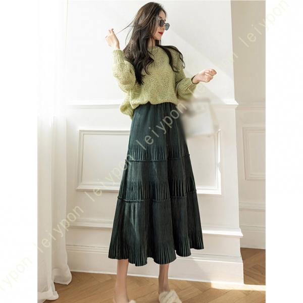 コーデュロイ スカート 春 秋 冬 ハイウエスト 厚手 スカート 暖かい レディース ニット×フレア...