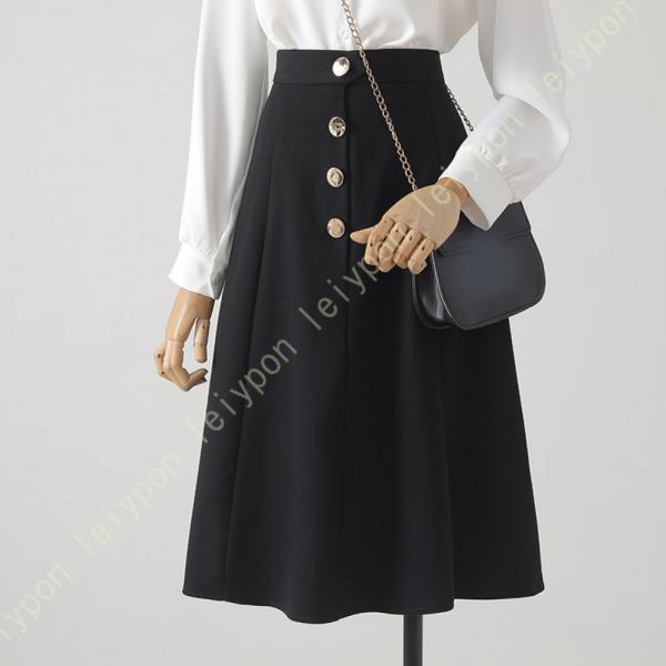 フレアスカート レディース 秋 冬 可愛い オフィススカート ボダン飾り 厚手 きれいめ フェミニン...