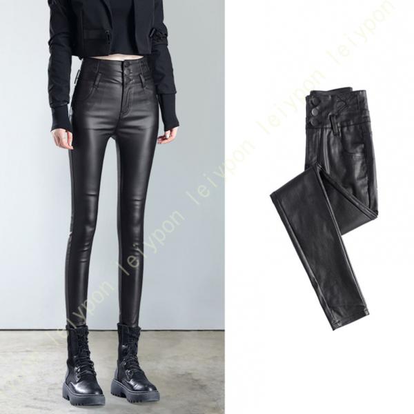 レザーパンツ レディース PU ハイウエスト レザーパンツ スキニーパンツ 厚手 無地 秋冬にぴった...