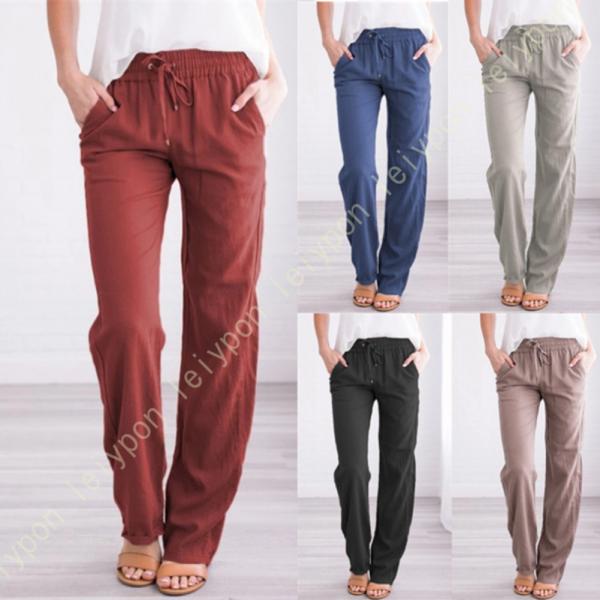 リネン ワイドパンツ レディース ウェストゴム 綿麻 ウェスト紐 イージーワイドパンツ イージーパン...