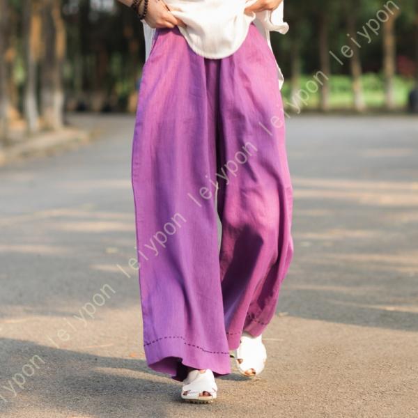 ワイドパンツ ゆったり ウエストゴム 無地 レディース 夏 リネンパンツ ロングパンツ ガウチョパン...