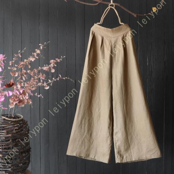 サルエルパンツ リネン 夏 ワイドパンツ レディース 無地 ウエストゴム 体型カバー 爽やかな着心地...