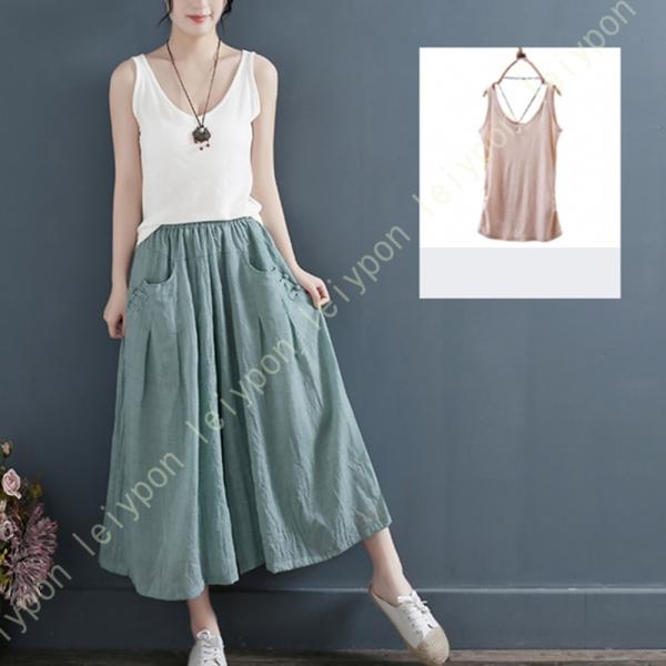 スカーチョ ワイドパンツ 麻 リネン風 裏地あり 薄手 リラックスパンツ きれいめ ロング丈 レディ...