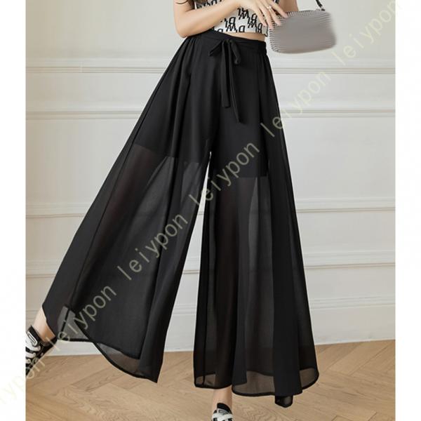 ワイドパンツ レディース ウエストゴム ふんわり シフォン ガウチョ ボトムス フレア 美脚 リネン...