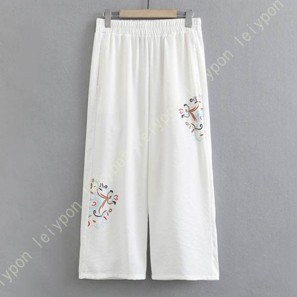 九分丈 ロングパンツ レディース リネンパンツ 刺繍 ストレートパンツ ハイウェスト ウエストゴム ...