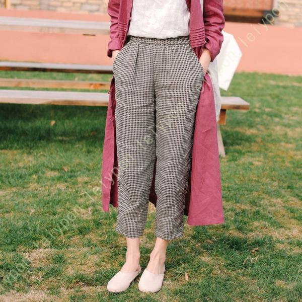 ワイドパンツ 無地 レディース リネン ロングパンツ ハーレムパンツ ウェストゴム プリーツ入り ゆ...