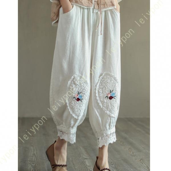 ロングパンツ リネン レディース ウエストゴム ポケット付き ボトムス 春 夏 秋 シンプル サルエ...