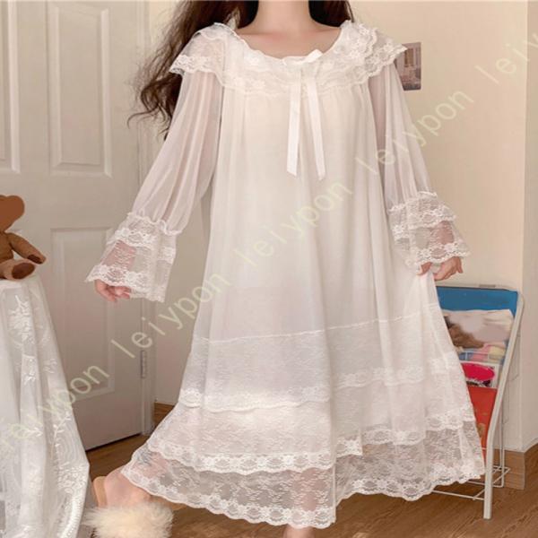 ネグリジェ ワンピース レディース 姫系 長袖 夏 レース切り替え Vネック セクシー ルームウェア...