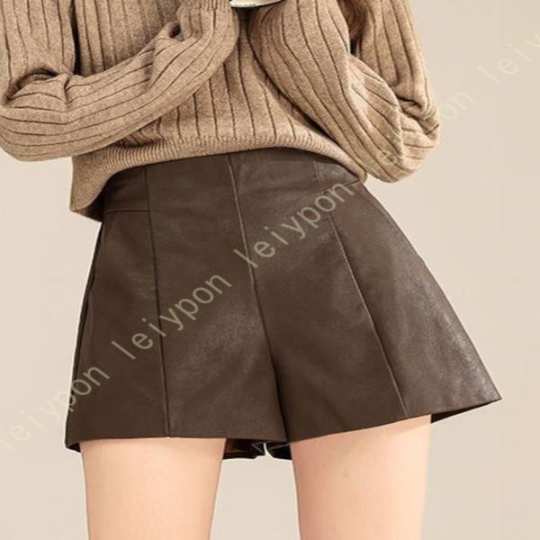 ショートパンツ レディース 短パン 秋冬 厚手 後ジッパー ボタン レザー調 厚手 エレガント ハイ...