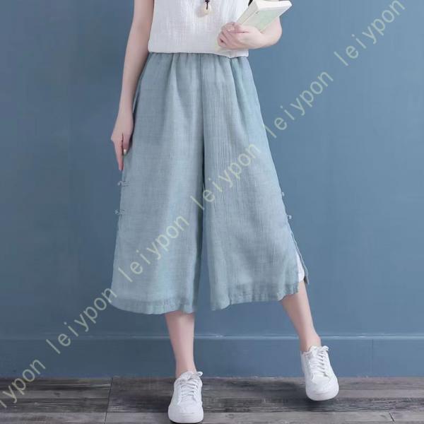 ワイドパンツ レディース 綿麻パンツ ウエストゴム ゆったり 刺繍 文芸風 ポケット付き 長ズボン ...