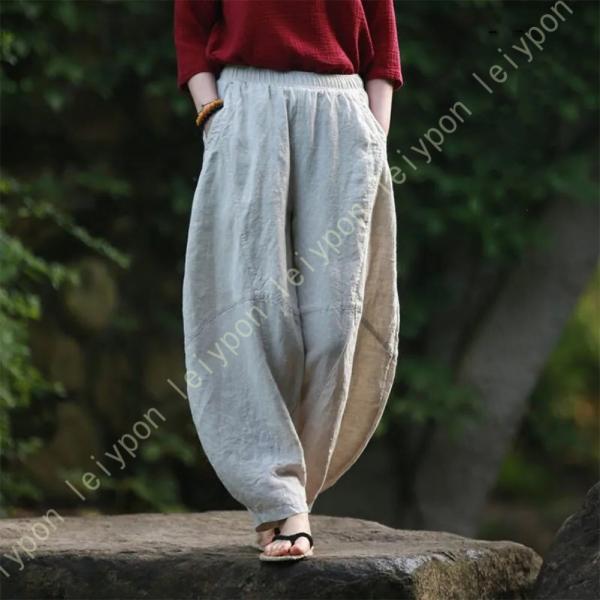 ワイドパンツ レディース 綿麻 無地 ふんわり 涼しい 通気 速乾 春 夏 ゴムタイプ 体型カバー ...