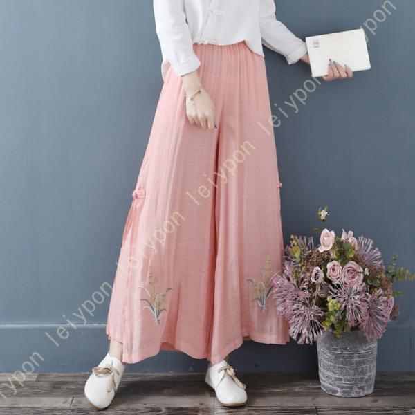 サルエルパンツ リネンワイドパンツ レディース 刺繍 ハイウエストガウチョパンツ 綿麻 文芸風 体型...