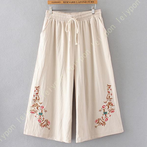 九分 サルエルパンツ リネンワイドパンツ レディース 刺繍 ハイウエストガウチョパンツ 綿麻 文芸風...
