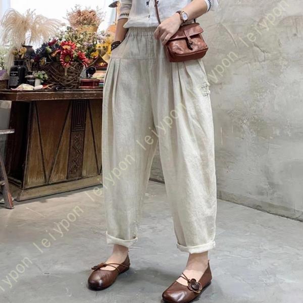 レディース ワイドパンツ 綿麻 ポケット付き 春 夏 ふんわり かわいい ロングパンツ サルエルパン...