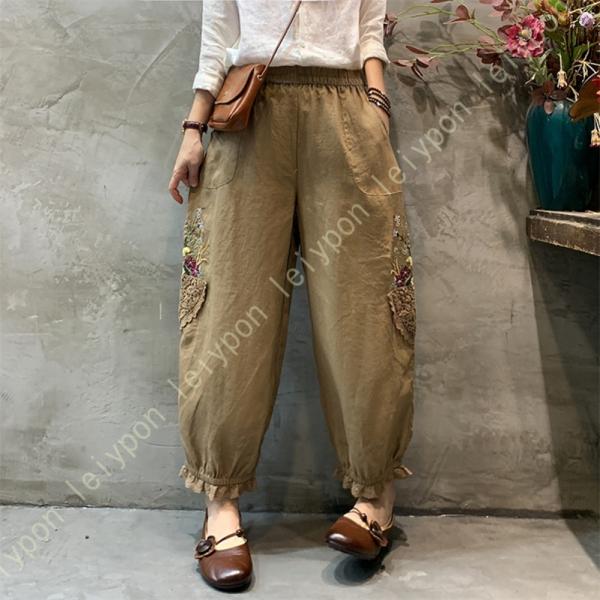 サルエルパンツ レディース 夏 シンプル 刺繍 綿麻 ゴム ワイドパンツ 大きいサイズ ポケット付き...