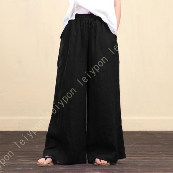 ロングパンツ ガウチョパンツ レディース リネン サルエルパンツ 綿麻 ゆったり 着痩せ ウエストゴ...