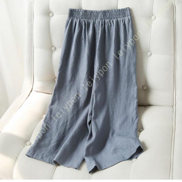 9分丈 ワイドパンツ ハーフパンツ レディース ウエストゴム ポケット付き コットンリネン 綿麻 美...