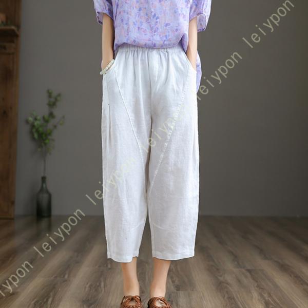 ワイドパンツ リネン レディース ゆったり パッチワーク ウェストゴム ポケット付き 無地 綿麻 ゆ...