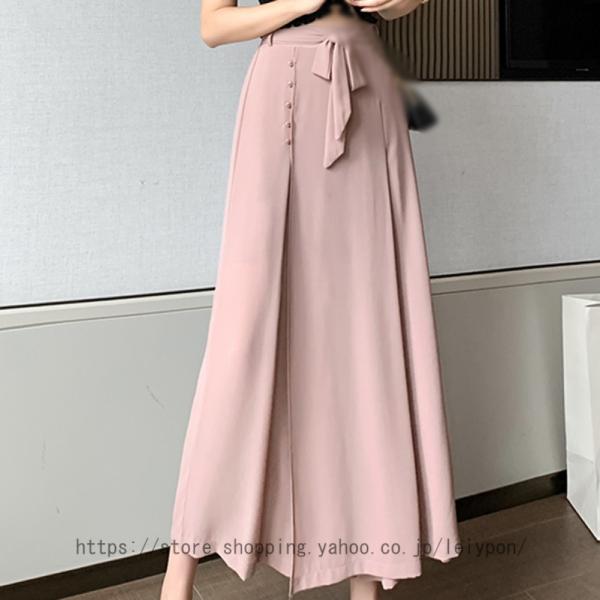 ワイドパンツ レディース 夏 ロングパンツ ガウチョパンツ ウエストゴ 着痩せ お洒落 ナチュラル ...