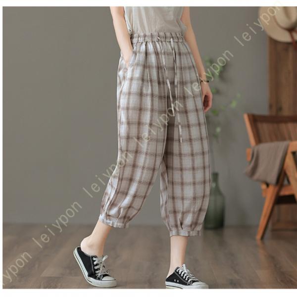 ワイドパンツ リネン パンツ レディース ハイウェスト ガウチョパンツ サルエルパンツ ウェストゴム...