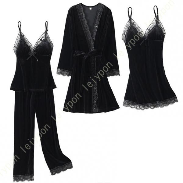 パジャマ レディース ルームウェア 3点セット オールシーズ キャミソール 長袖 長ズボン ベロア ...