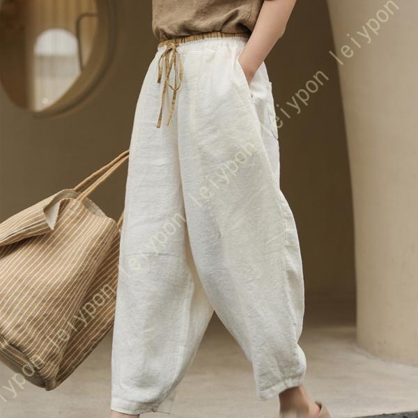リネン ワイドパンツ レディース 綿麻 ウエストゴム 大人 ゆったり 春 夏 麻混 9分丈 ガウチョ...