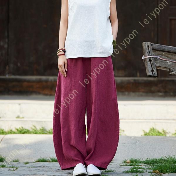 サルエルパンツ ワイドパンツ シンプル 無地 綿麻 レディース バルーンパンツ リネン混 ワイドパン...
