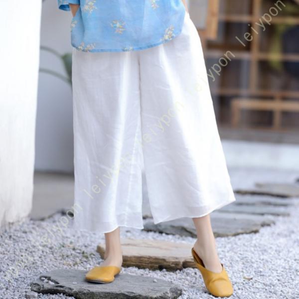 ワイドパンツ レディース リネン ウエストゴム 綿麻 リネンライク素材 吸水 快適 涼しい 春 夏 ...