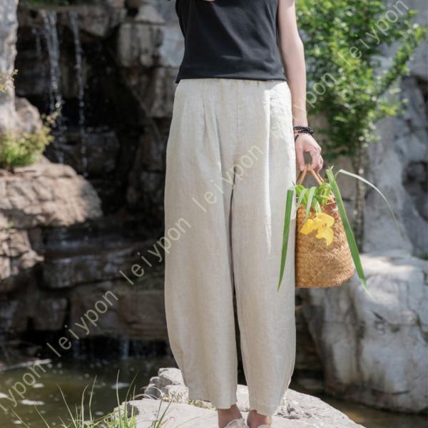 ワイドパンツ レディース 綿麻 ウェストゴム ポケット付き ロングパンツ ガウチョパンツ リネン ゆ...